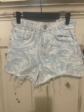 Zara Light Blue Swirl-Print Frayed Hem Denim Shorts XS
